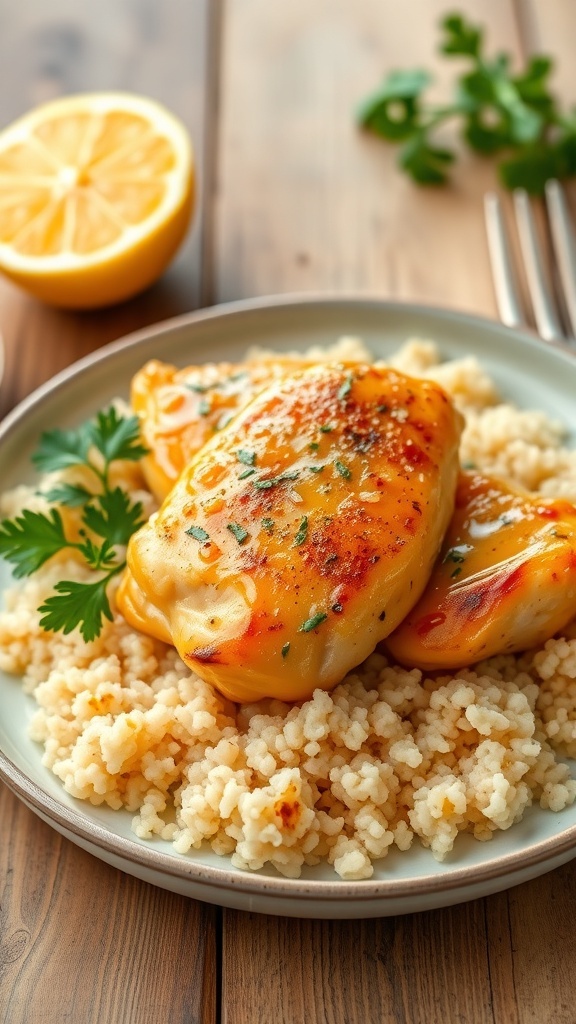 Lemon garlic chicken on quinoa, garnished with parsley, on a rustic table with lemon.